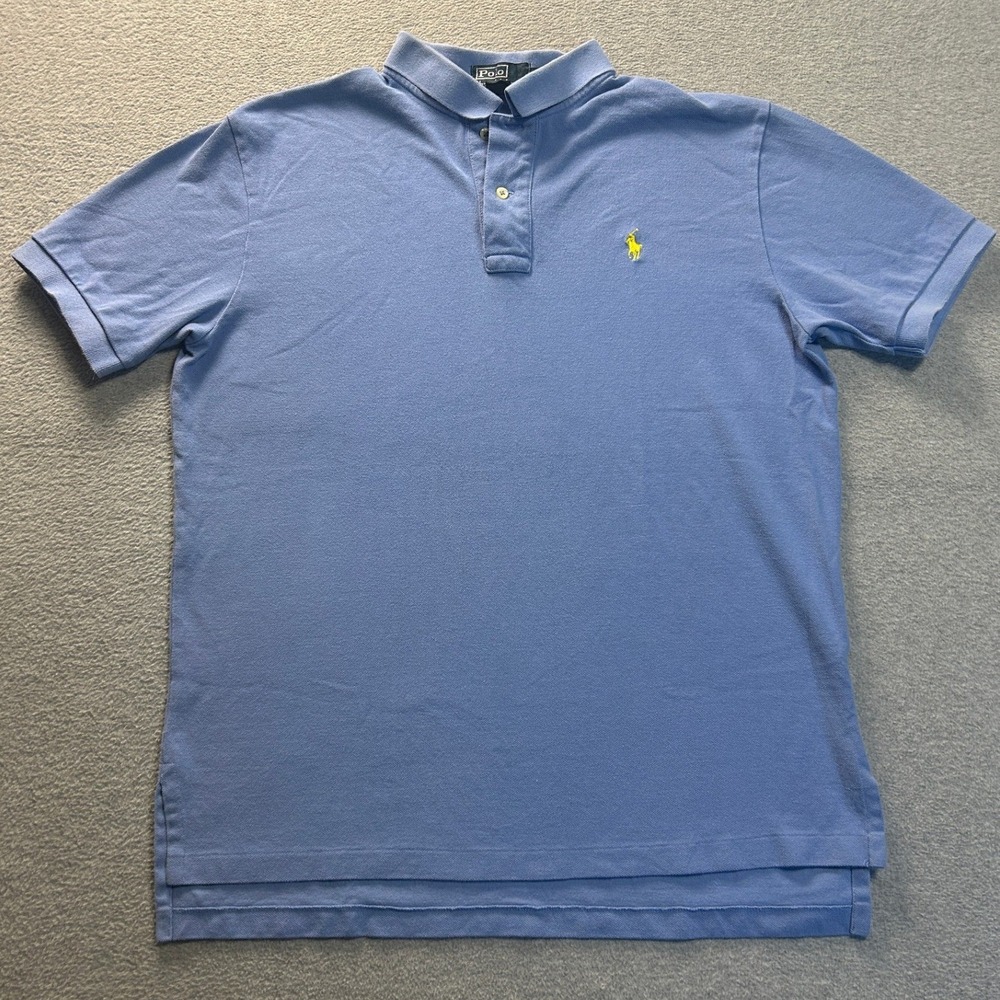 Polo Ralph Lauren Mens Large Blue Short Sleeve Pique Polo Shirt Yellow Pony Logo